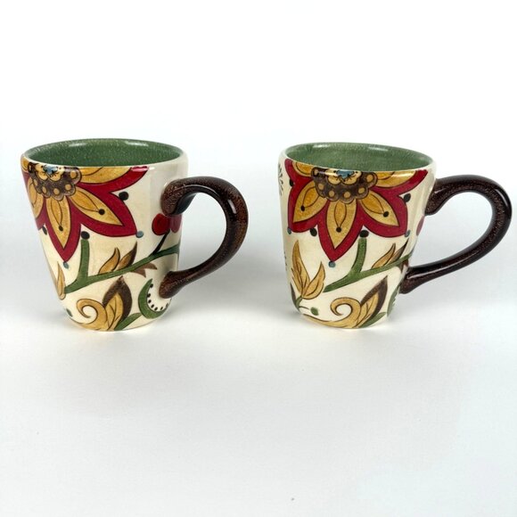 Pier 1 Imports Carynthum Hand-Painted Earthenware Set 2 Mugs Floral Coffee Tea - Picture 1 of 6